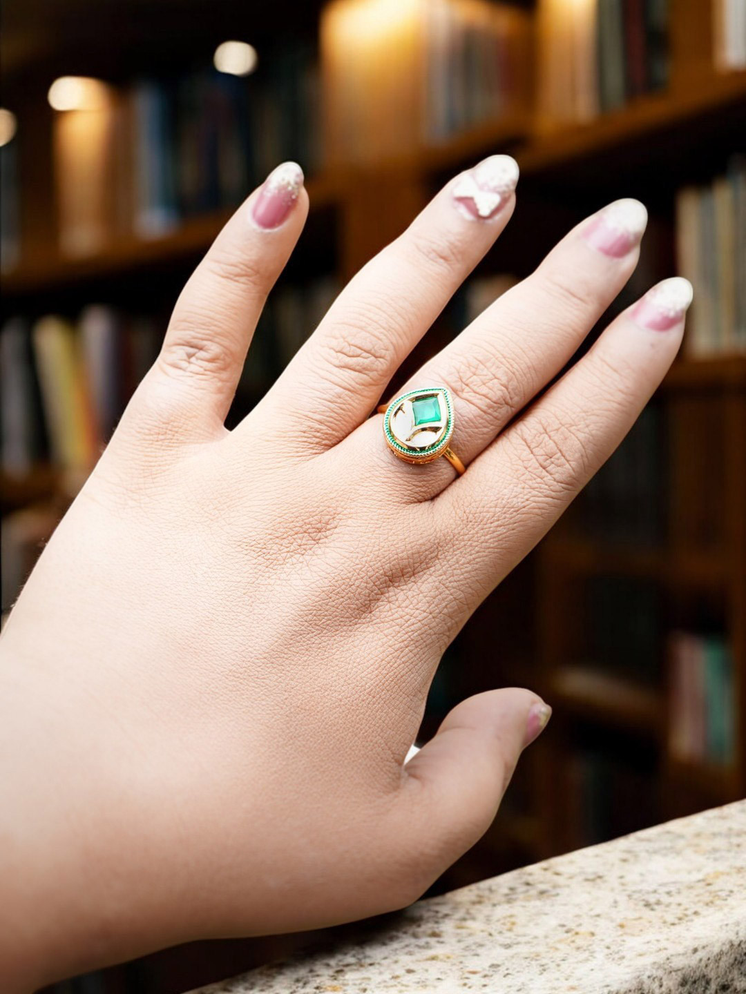 Chaandi Rivaaz Diyas Gold Plated Kundan Studded Leaf Shaped Finger Ring