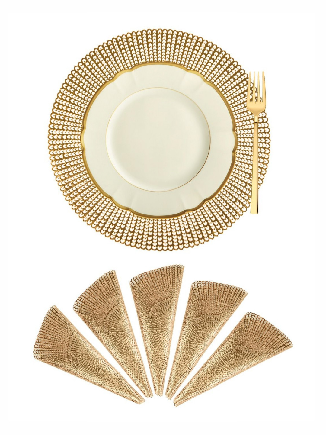 Aura Cream Colored and Gold-Toned 6 Pieces Geometric Textured Round Table Placemats