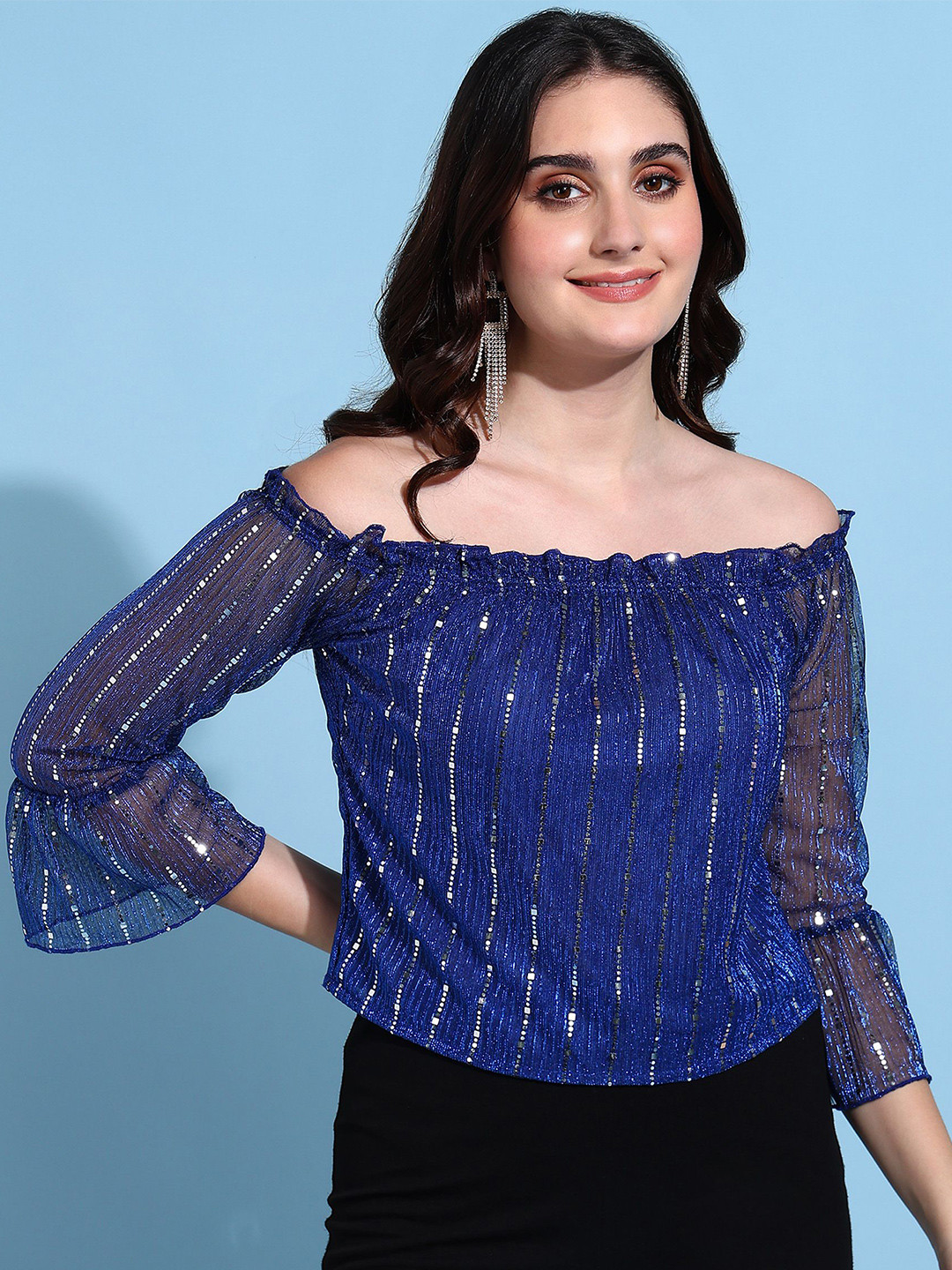 MISS HAUTE Embellished Off-Shoulder Bell Sleeve Sheen Net Top