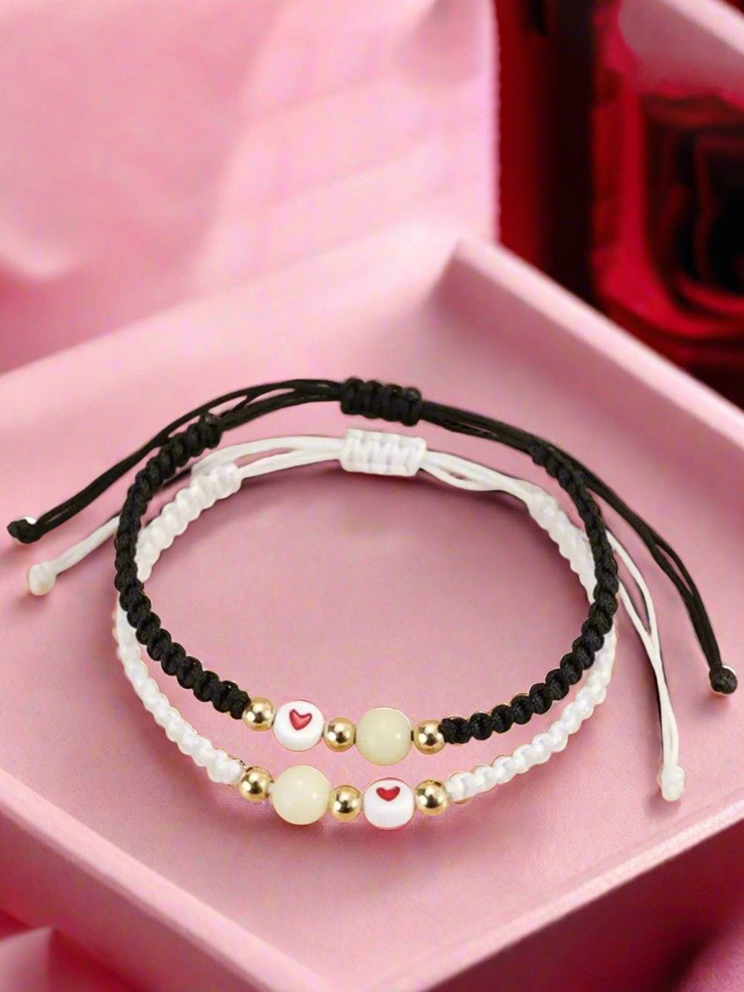 DressBerry Set Of 2 Stainless Steel Rose Gold-Plated Heart Macrame Wraparound Bracelet