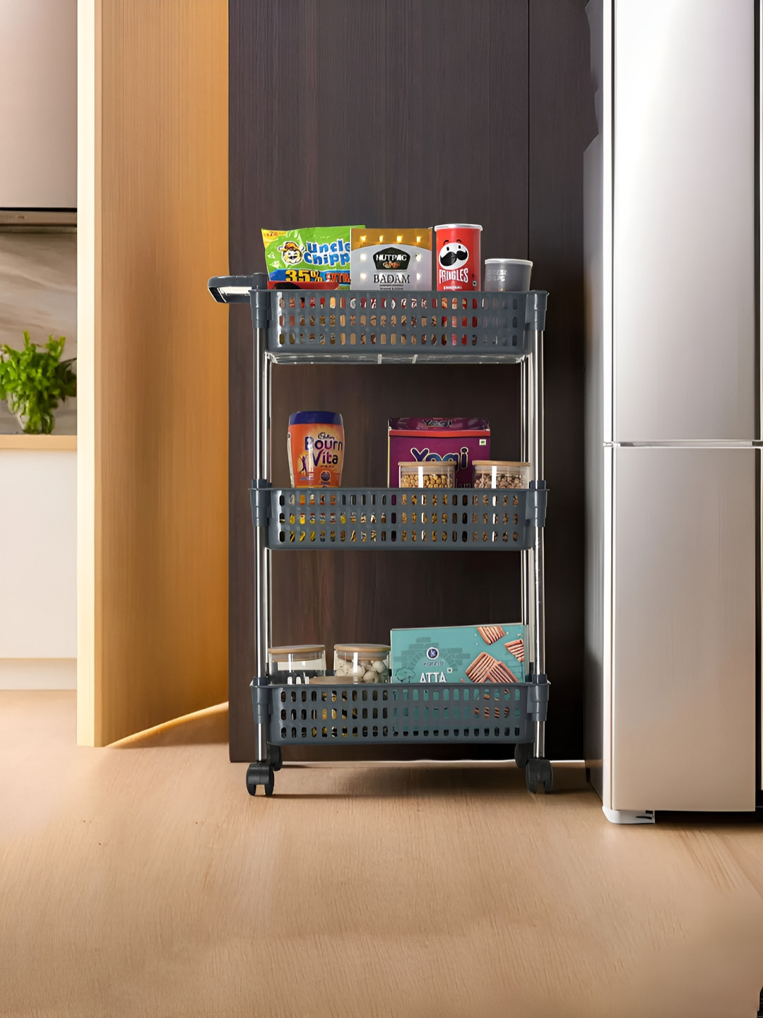 Aura Grey 3-Layer Storage Revolving Rack With Wheels