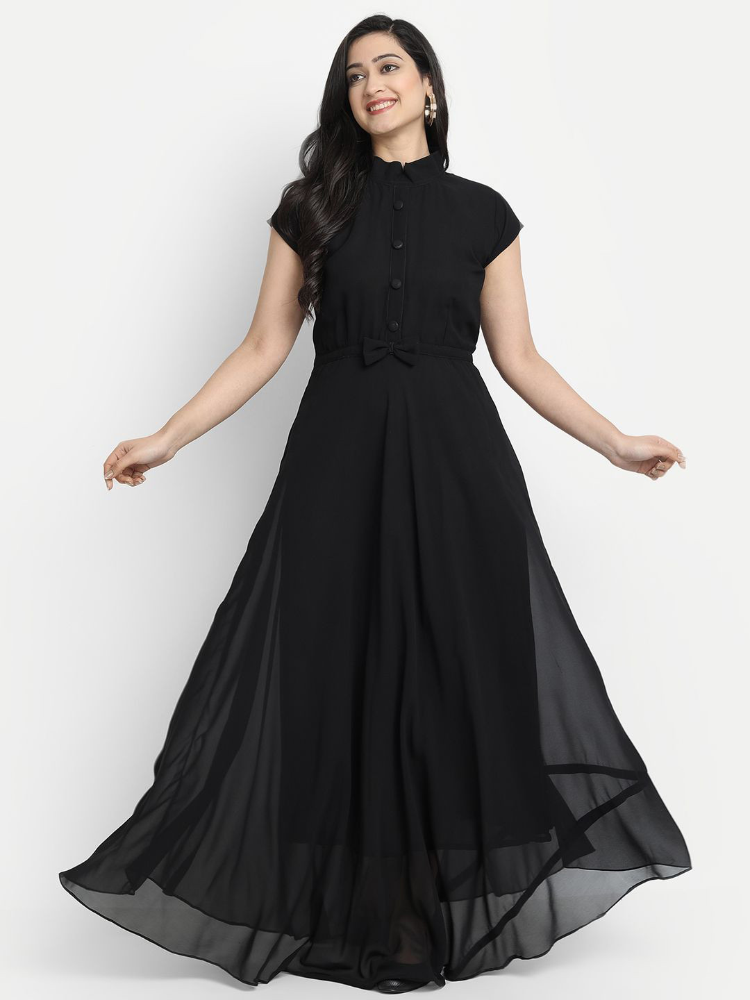 Jash Creation Georgette Bow Cap Sleeves Fit & Flare Maxi Dress
