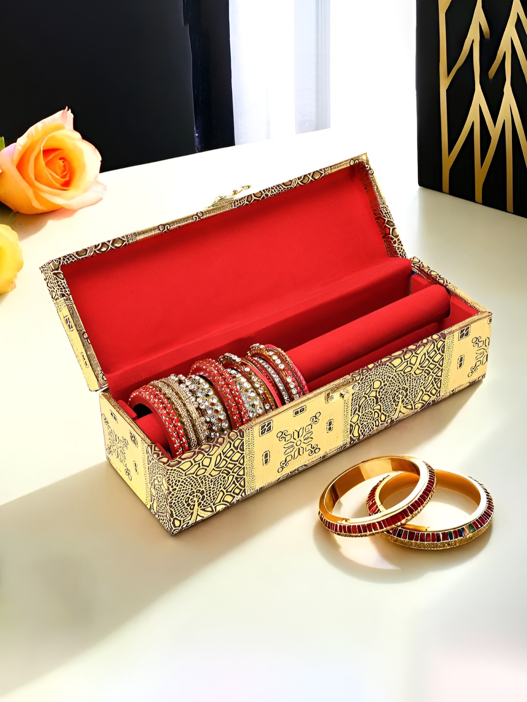 Aura Gold-Toned 1 Rod Makadi Printed Wooden Bangle Box