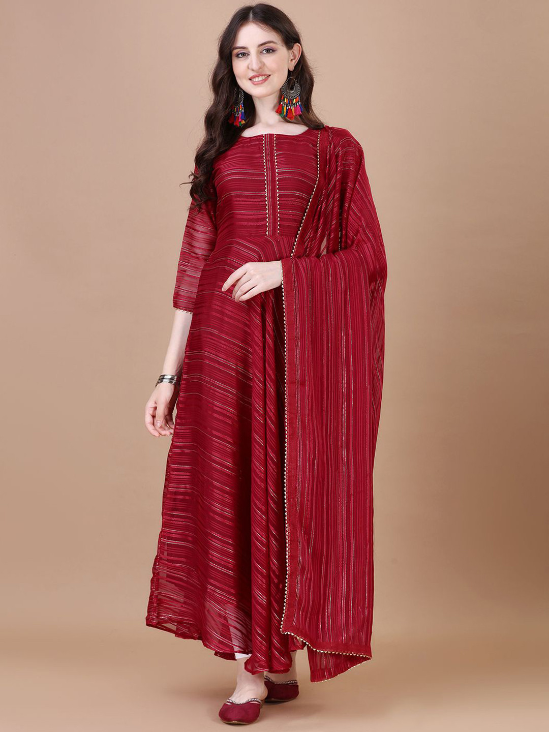PMD Fashion Striped Woven Design Square Neck A-Line Kurta With Dupatta