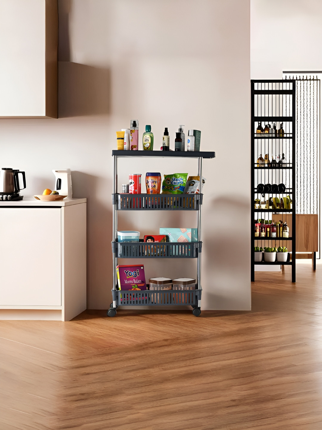 Aura Grey & Steel 4-Layer Multipurpose Storage Rack With Wheels