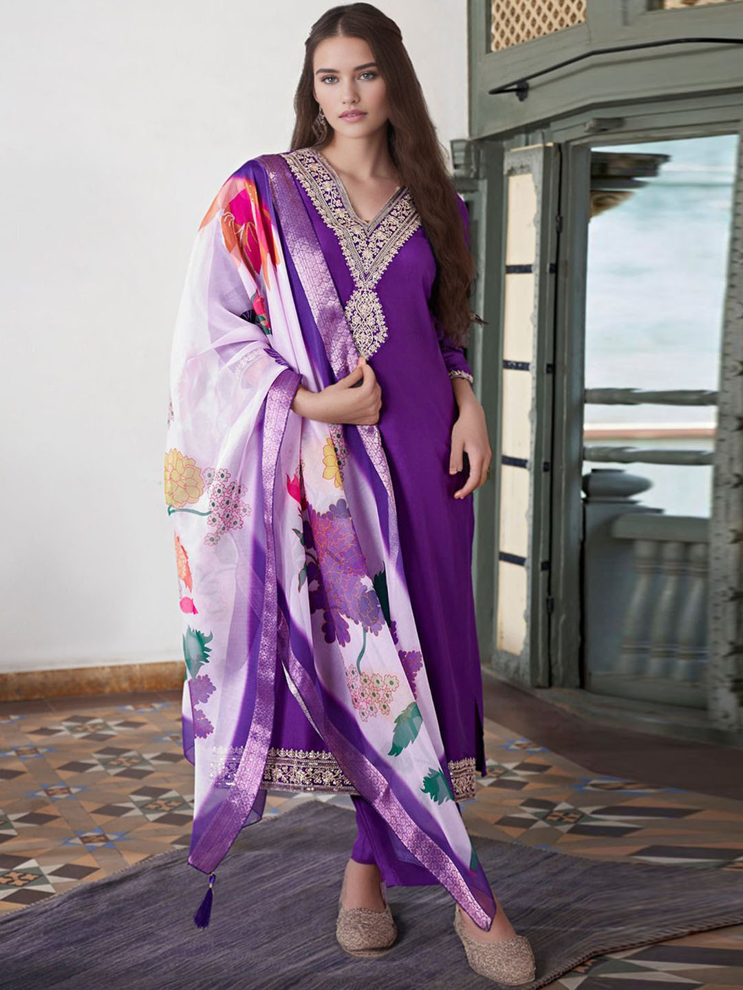 BLACK SCISSOR Yoke Design V Neck Chanderi Silk Straight Kurta With Trouser & Dupatta