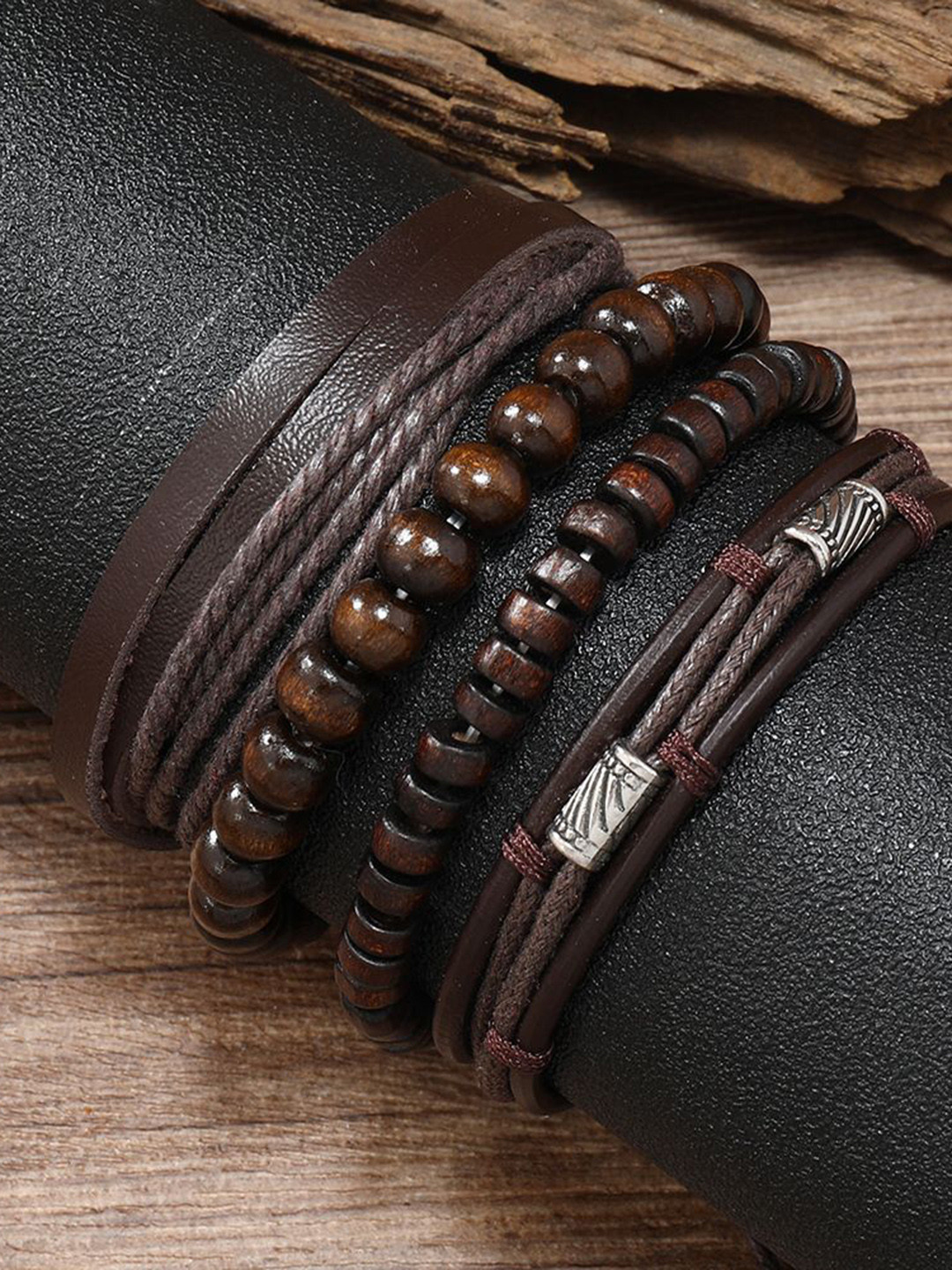 MEENAZ Men Set Of 4 Silver-Plated Leather Artificial Beaded Tribal Multistrand Bracelets