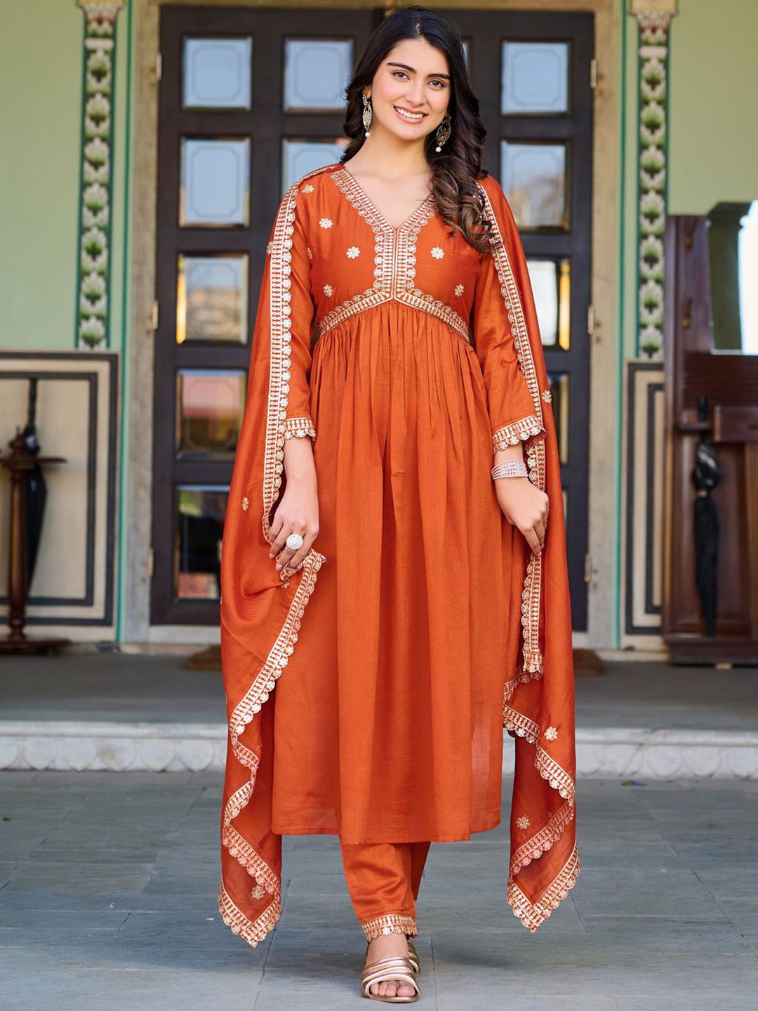 BLACK SCISSOR Floral Embroidered Zari A-Line Kurta With Trousers & Dupatta