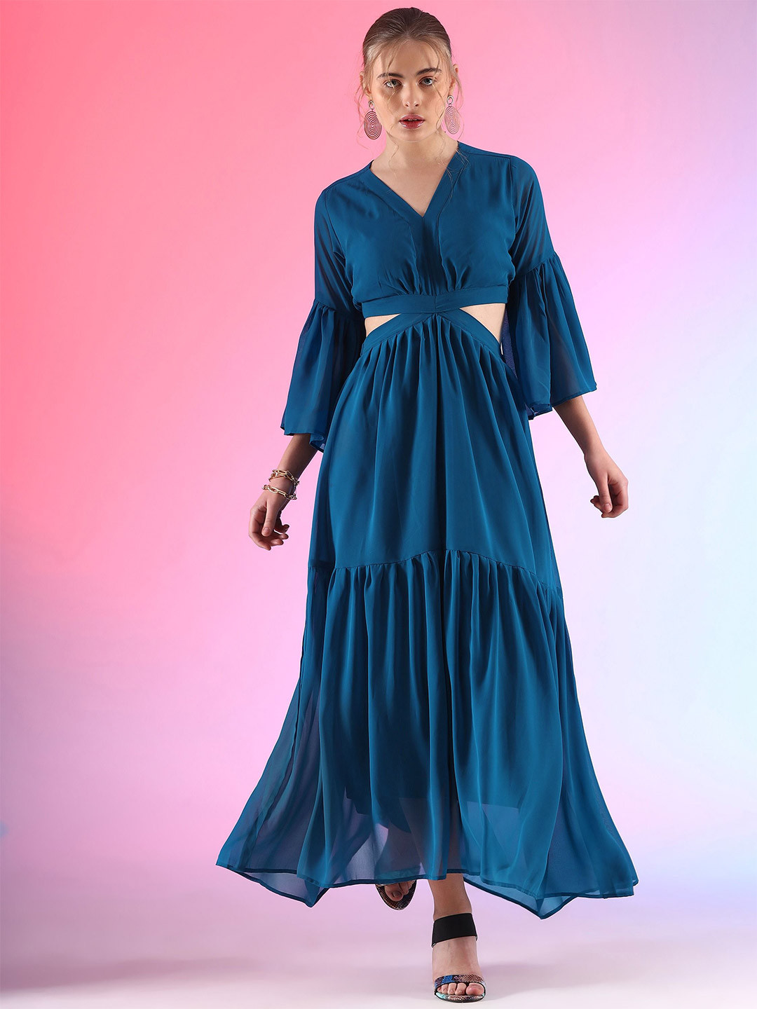 De La Moda Women V-Neck Cut-Outs Tiered Bell Sleeves Fit & Flare Maxi Dress