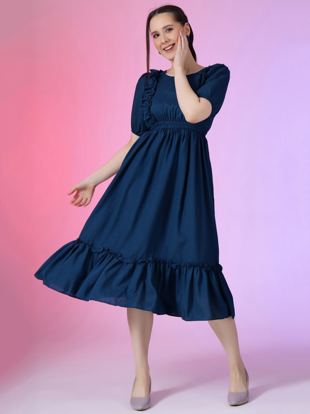 Femvy Women Fit & Flare Round Neck Midi Dress