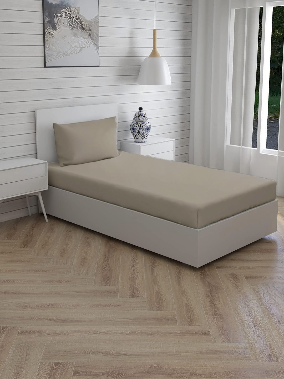Trance Home Linen Brown Cotton 300 TC Fitted Single Fine Bedsheet with a Pillow Cover-72 x 30 inches