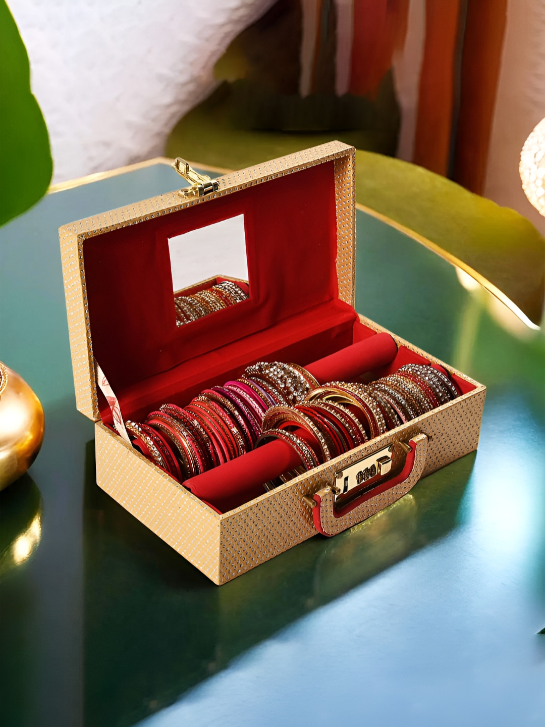 Myntra Elegant Homes Gold-Toned Printed Wooden 2 Rod Mirror Number Lock Velvet Bangle Box
