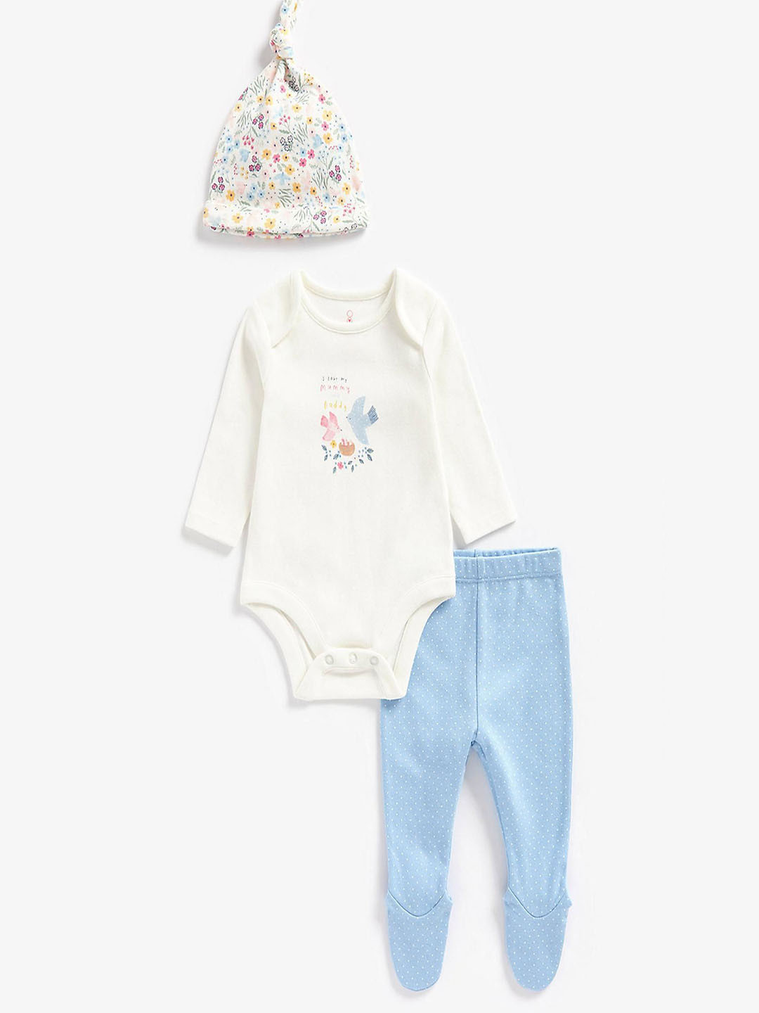 mothercare Girls Printed Round Neck Pure Cotton Leotard With Trouser & Cap