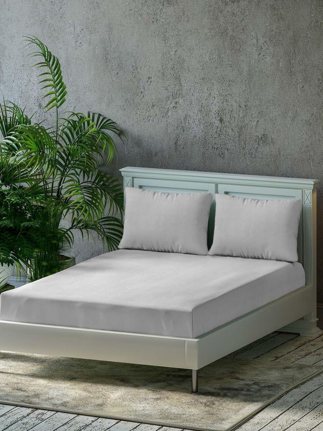 Trance Home Linen Silver Solid Cotton 300 TC Fitted Queen Fine Bedsheet with 2 Pillow Covers-190 x 182 cm