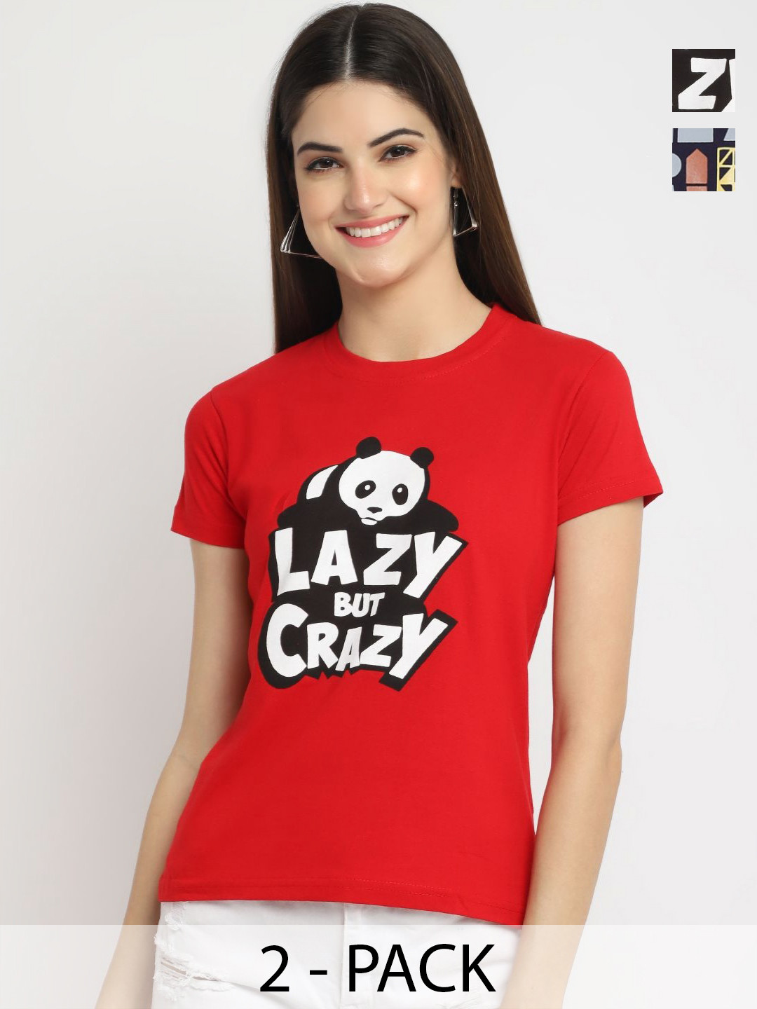 Tromko Women Pack of 2 Panda Typography Printed Round Neck Cotton Regular Fit T-shirts