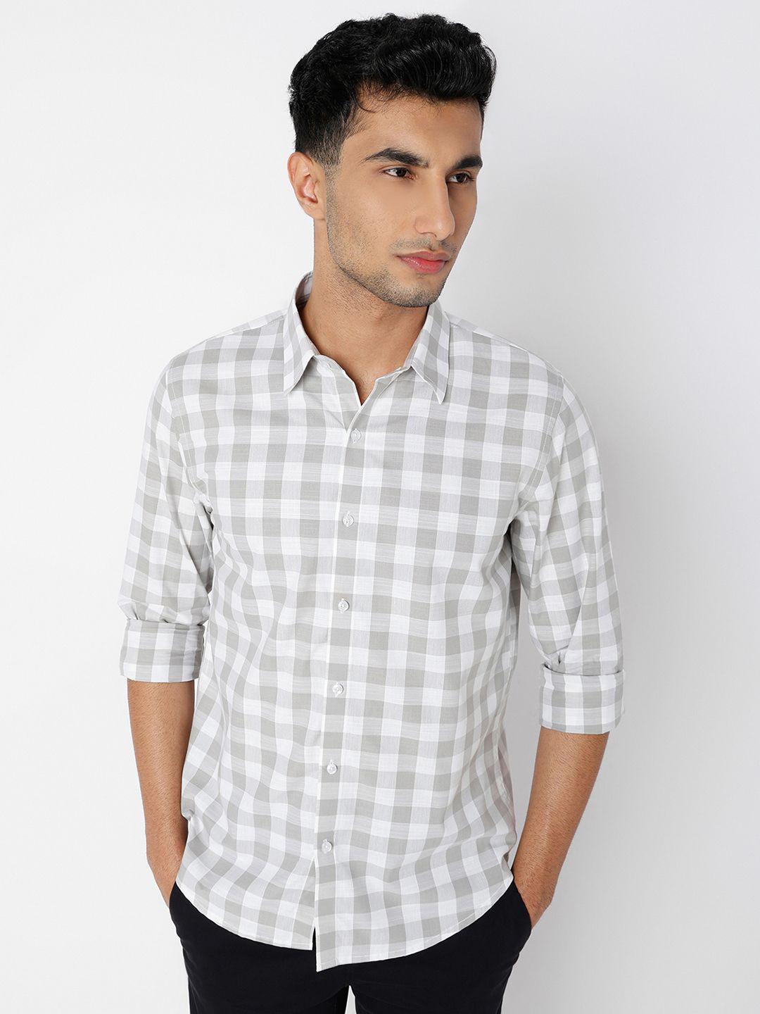 MARK & ALBERT Men India Slim Fit Grid Tattersall Checked Cotton Linen Casual Shirt