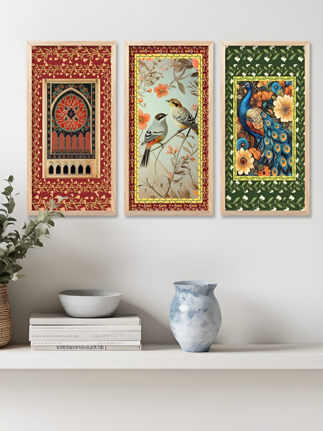 Kotart Brown & Green 3 Pieces Animals and Birds Wooden Wall Paintings