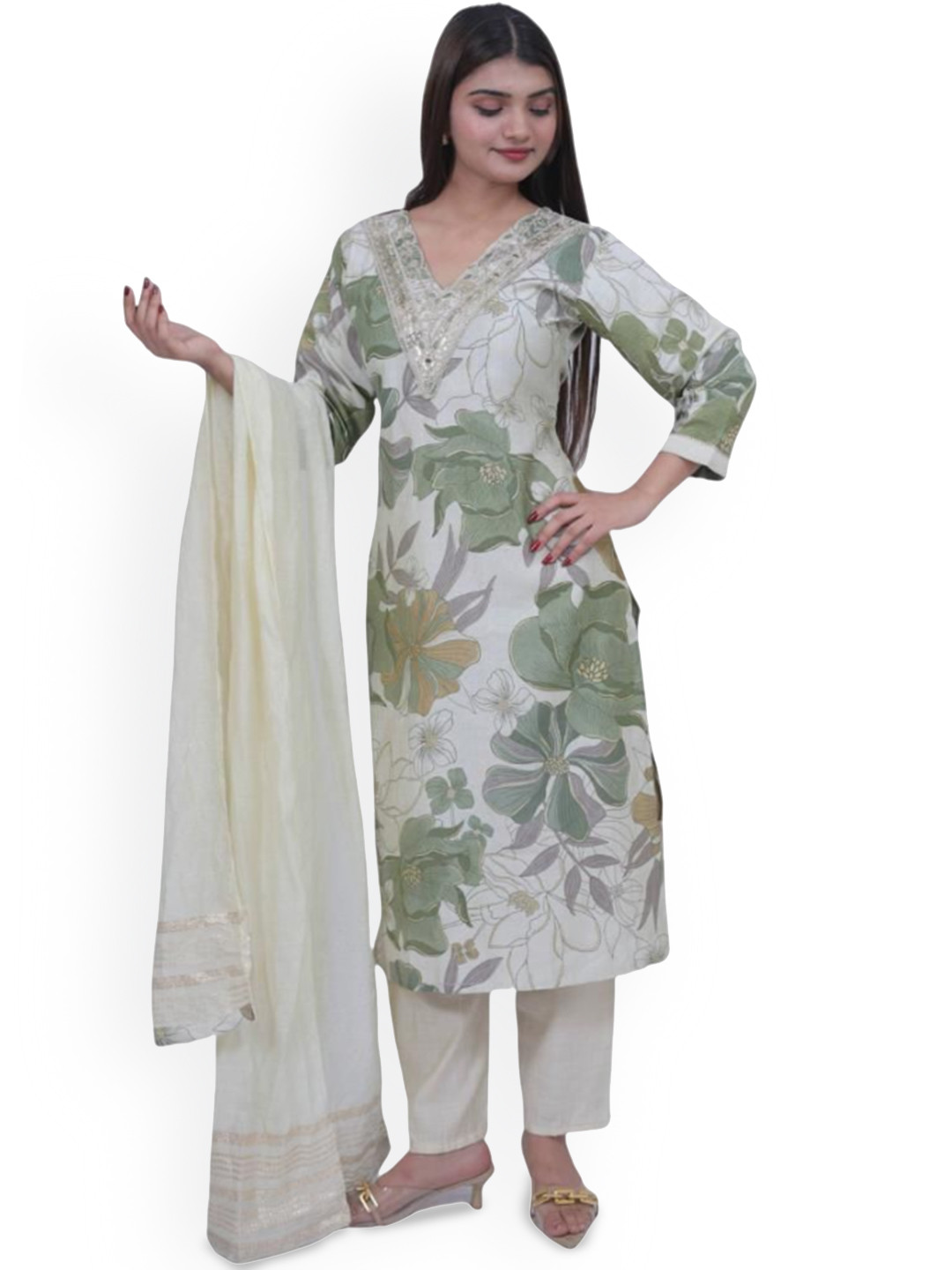 Wavy Collection Floral Printed Thread Work Straight Kurta with Trouser & Dupatta