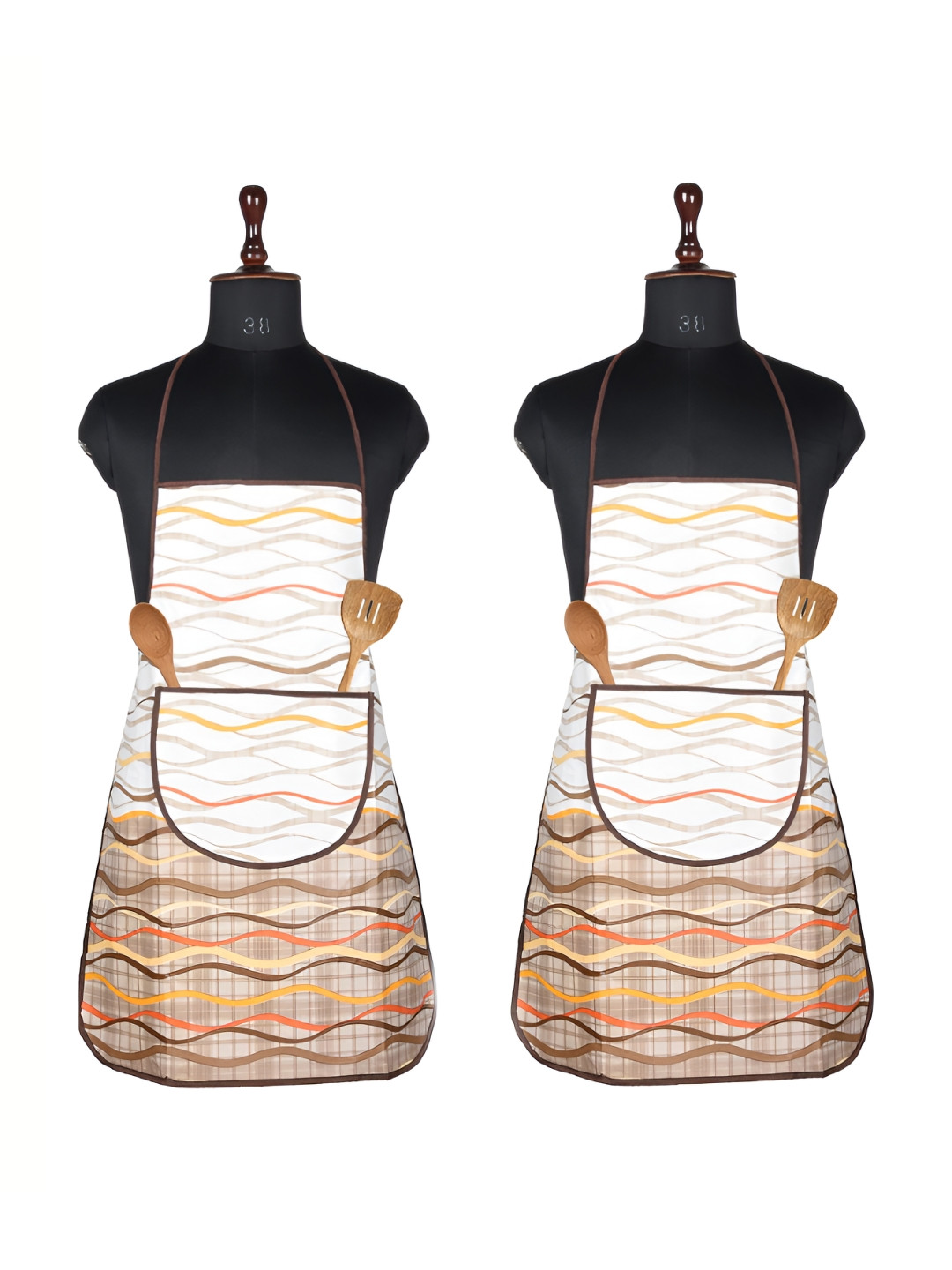 Aura Cream & Brown 2 Pieces Wave Printed Waterproof Aprons