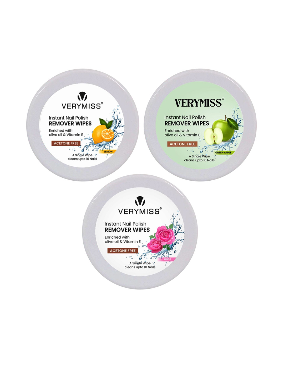 VERYMISS Set of 3 Alcohol-Free Instant Nail Polish Remover Wipes - 30 Wipes Each