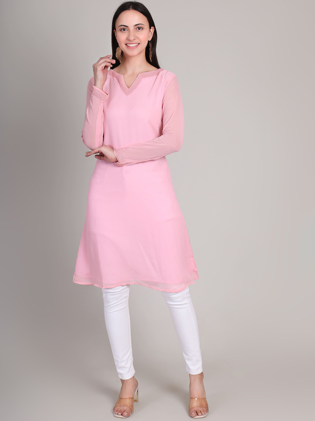 DELIS Notch Neck Beads and Stones Georgette A-Line Kurta