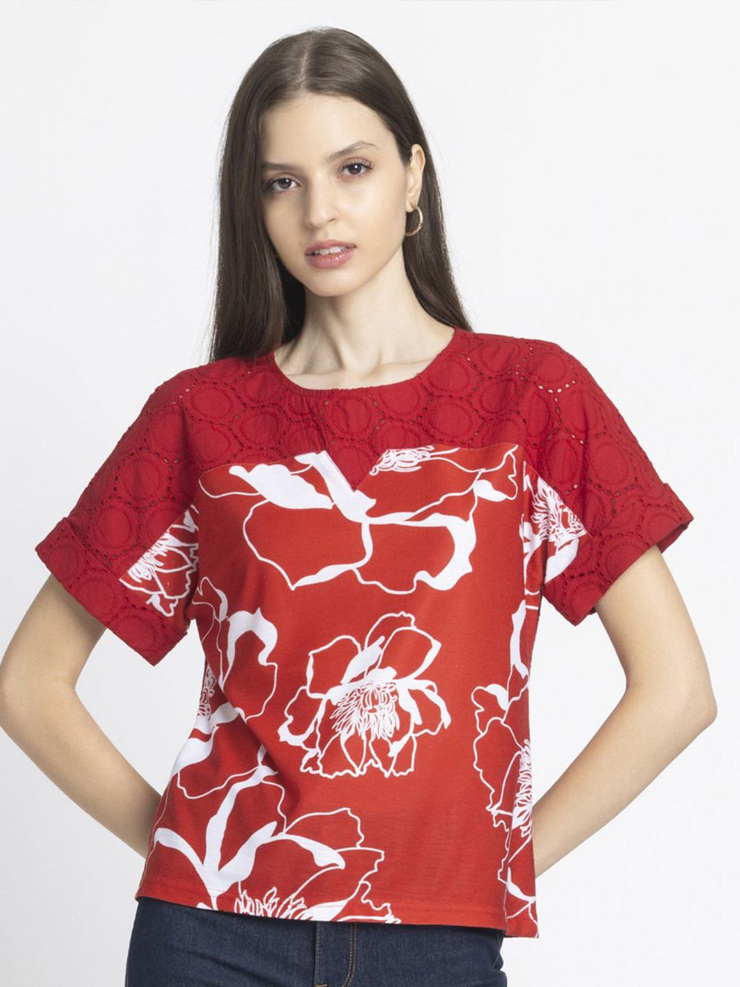 SHAYE Red Round Neck Floral Printed Short Sleeves Casual Tops For Women