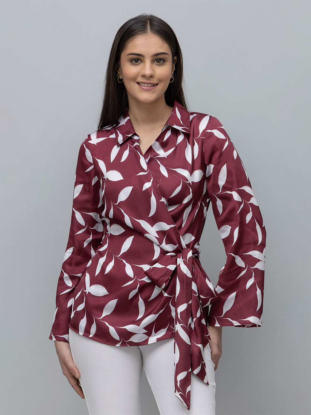 PURYS Tropical Print Flared Sleeves Tie-Up Satin Wrap Top