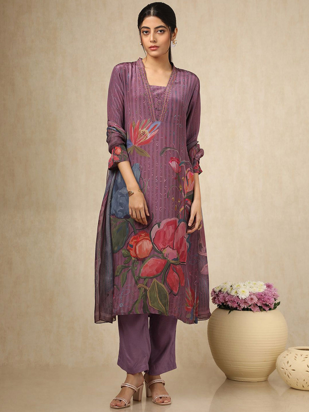 Soch Floral Printed Square Neck Beads and Stones Silk Crepe Kurta With Trousers & Dupatta
