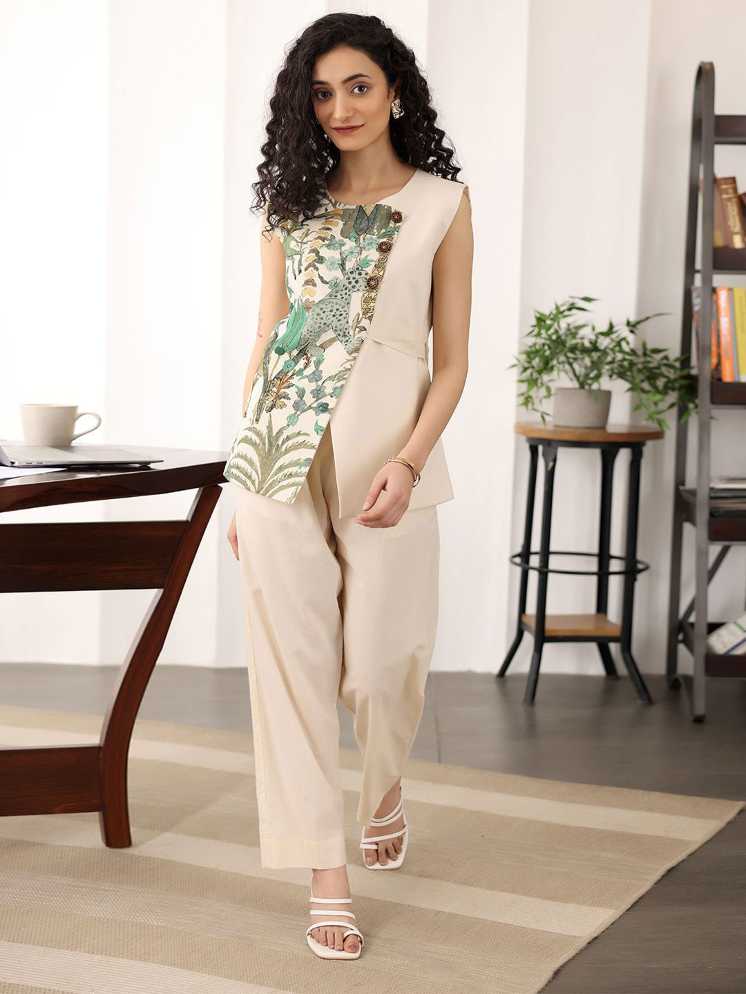 Ambraee Printed Cotton Wrap Top With Trouser Co-Ords Set