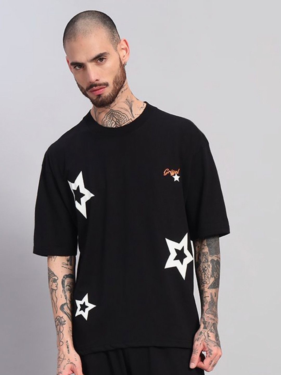 GRIFFEL Men Printed Drop-Shoulder Sleeves Ultralite T-shirt