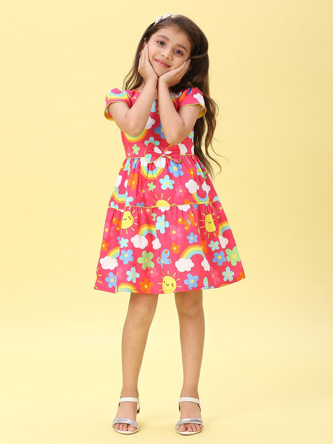 Macwin Girl Printed Cap Sleeves Bow Tiered Fit & Flare Cotton Dress