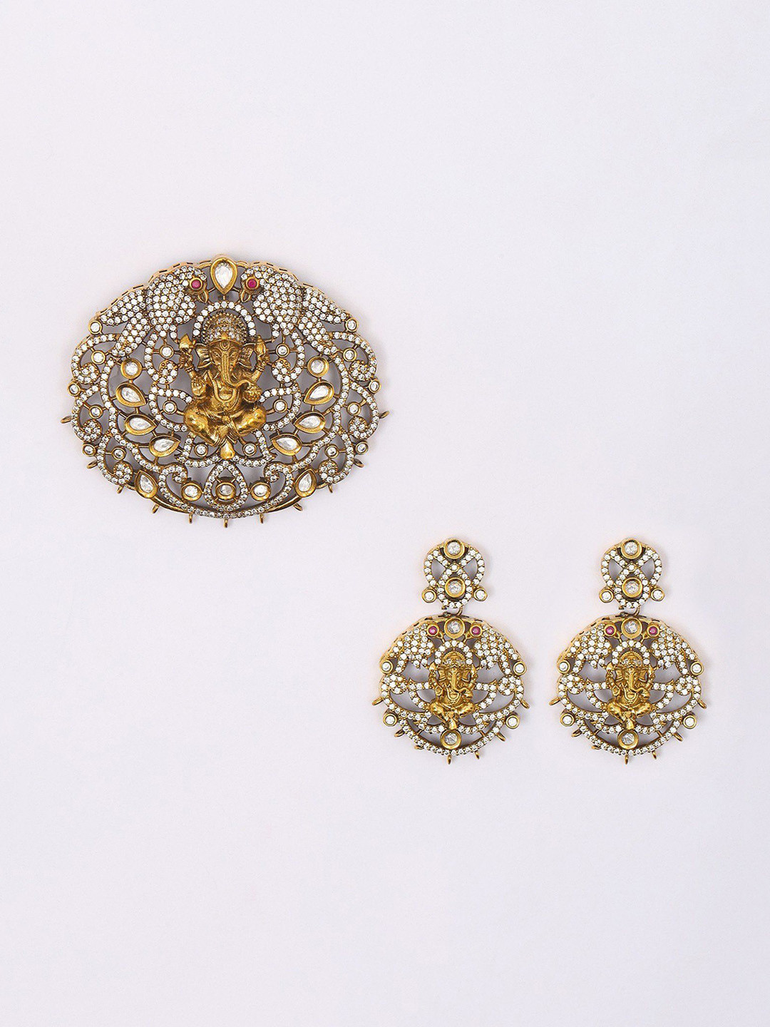 Exotic India Studded Stone Lord Ganesha Pendant And Earrings Set In Alloy And Brass