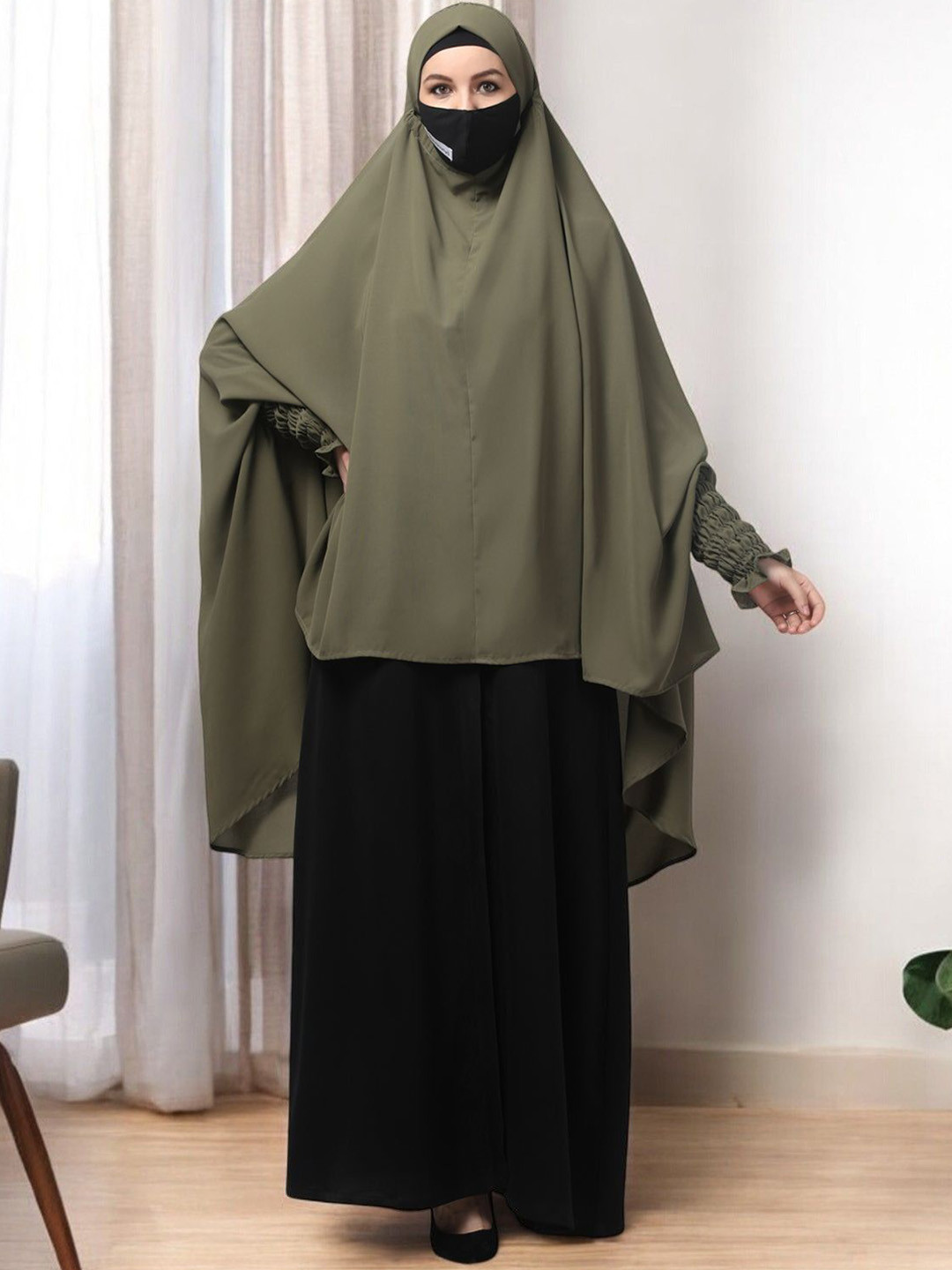 MUSHKIYA Long Prayer Khimar With Attached Mouthpiece & Tie-Up Ribbons Hijab