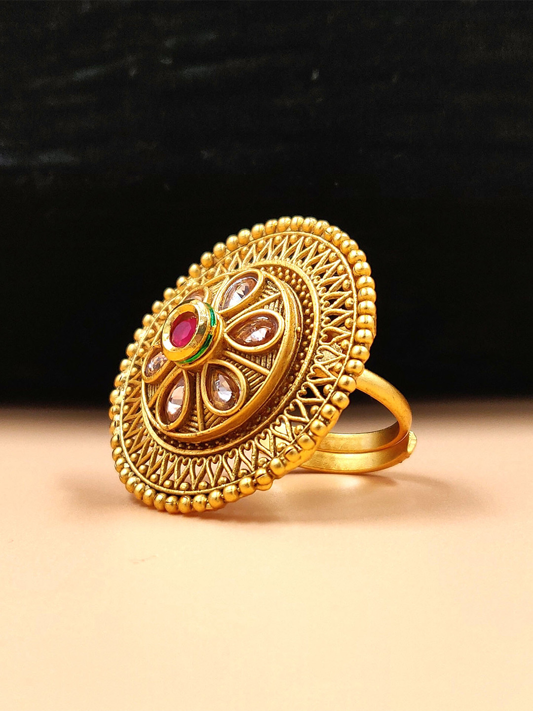 JYONA Gold-Plated Artificial Stone Studded Rajwadi Look Adjustable Finger Ring
