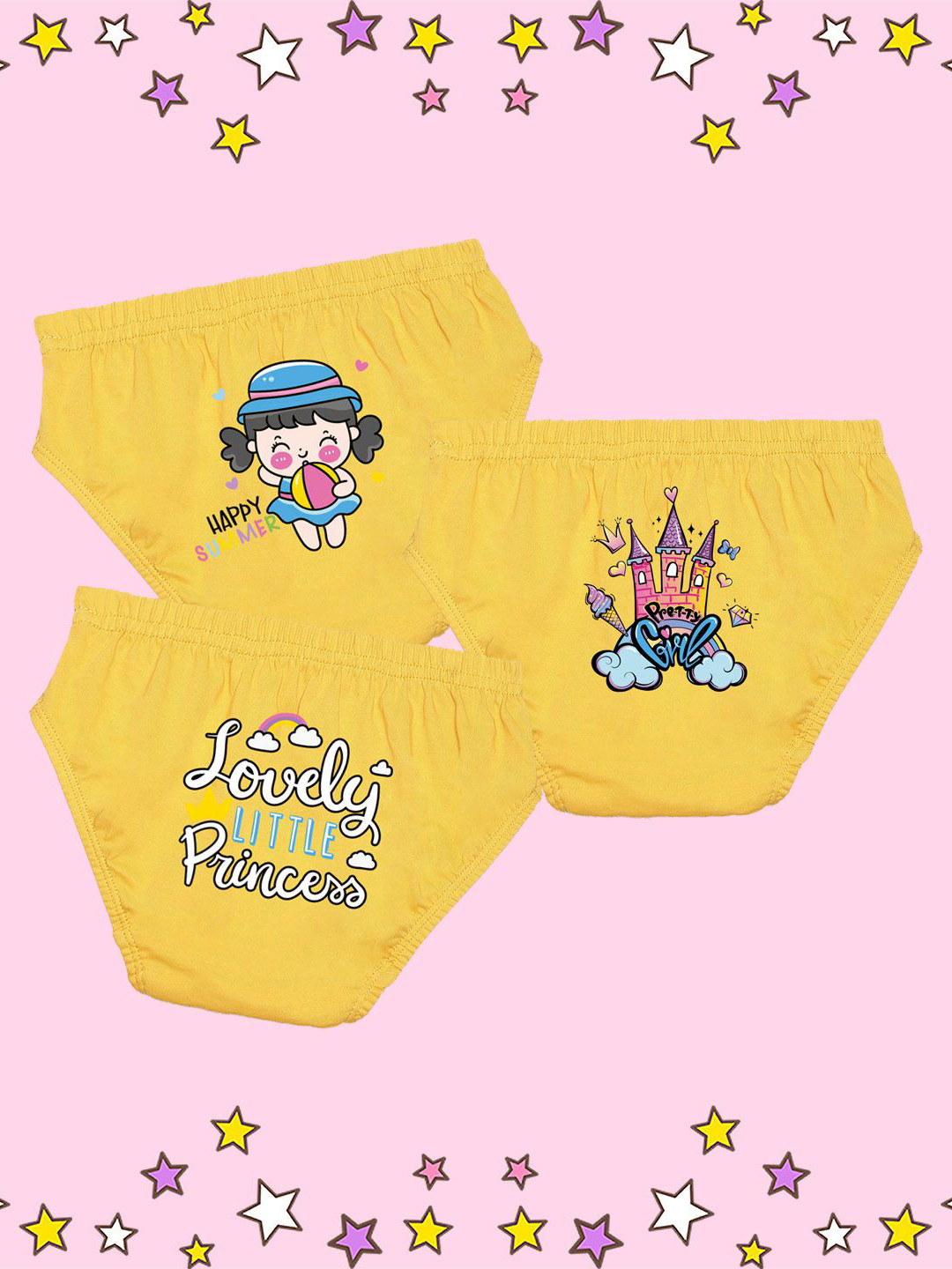 NUSYL Girls Pack Of 3 Castle Printed Cotton Briefs