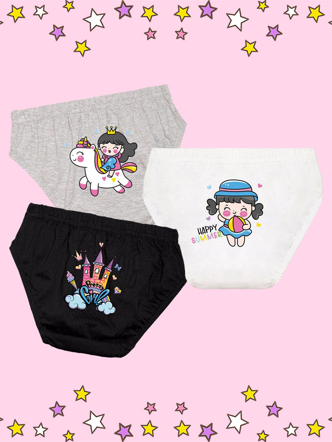 NUSYL Girls Pack Of 3 Printed Cotton Basic Briefs