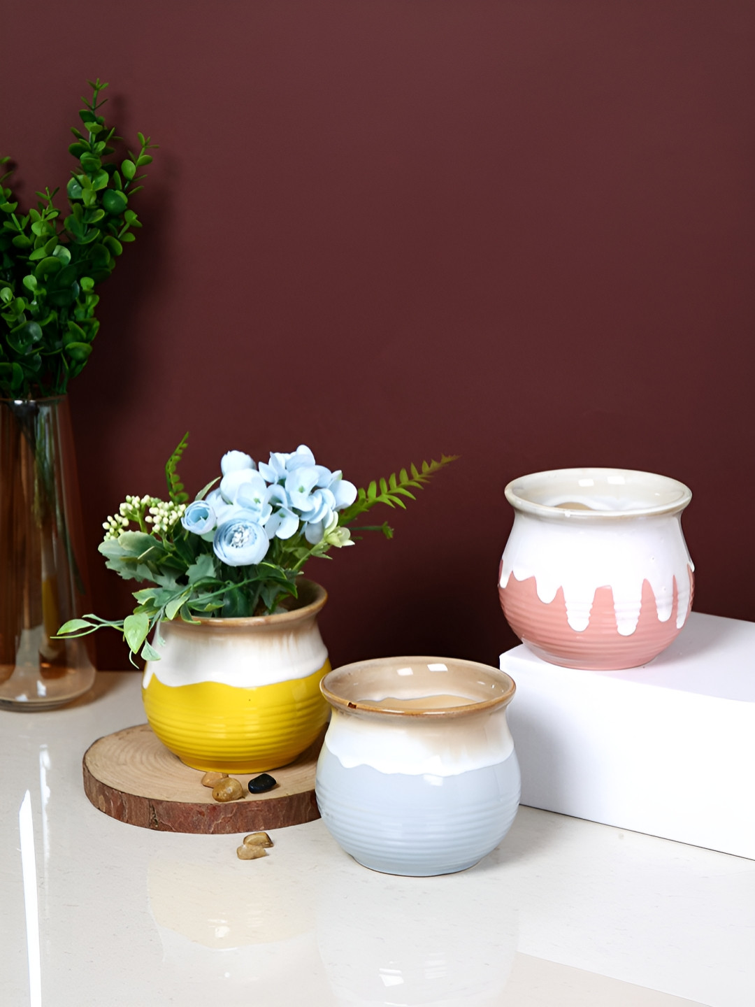 TAYHAA Pastel Drip Yellow & Grey 3 Pieces Pastel Drip Ceramic Flower Planters