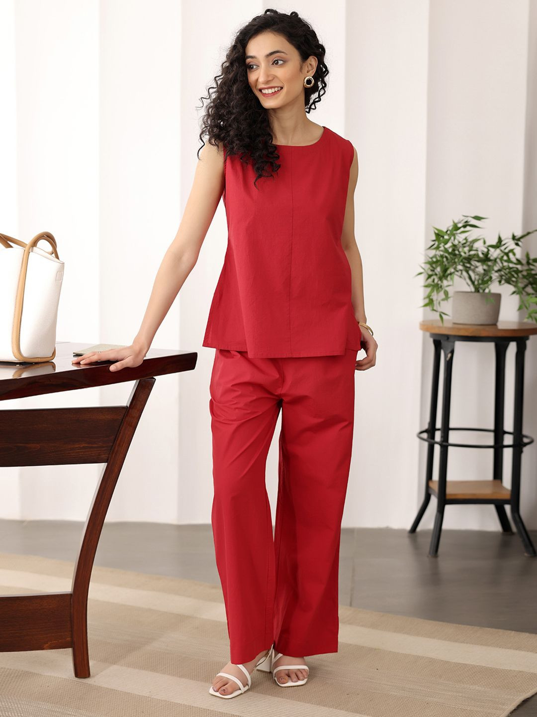 Ambraee Red Round-Neck Sleeveless Top With Trouser Co-Ords Set