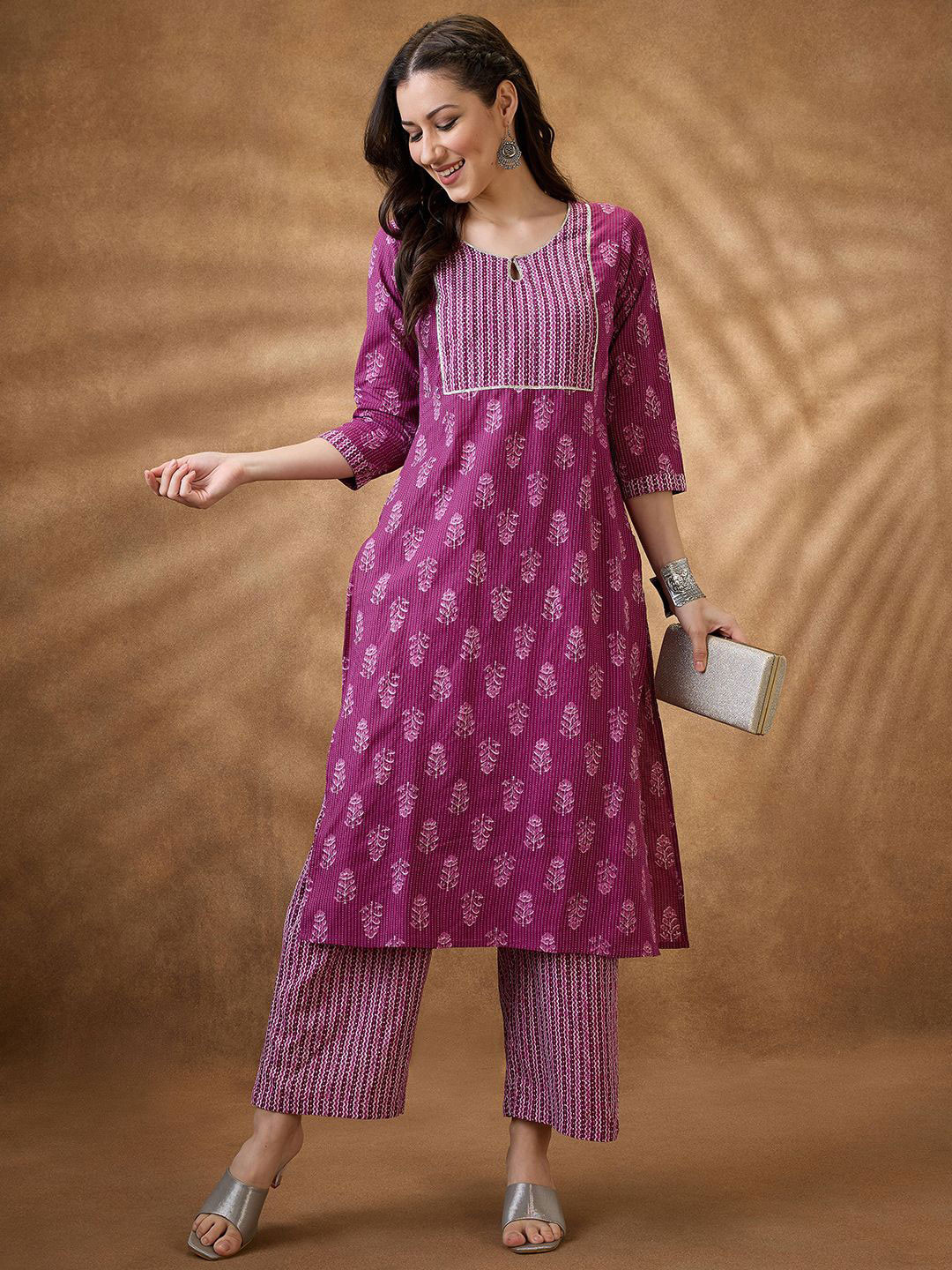 Globus Keyhole Neck Floral Print Gotta Lace Straight Kurta & Wide Leg Pants Workwear Set
