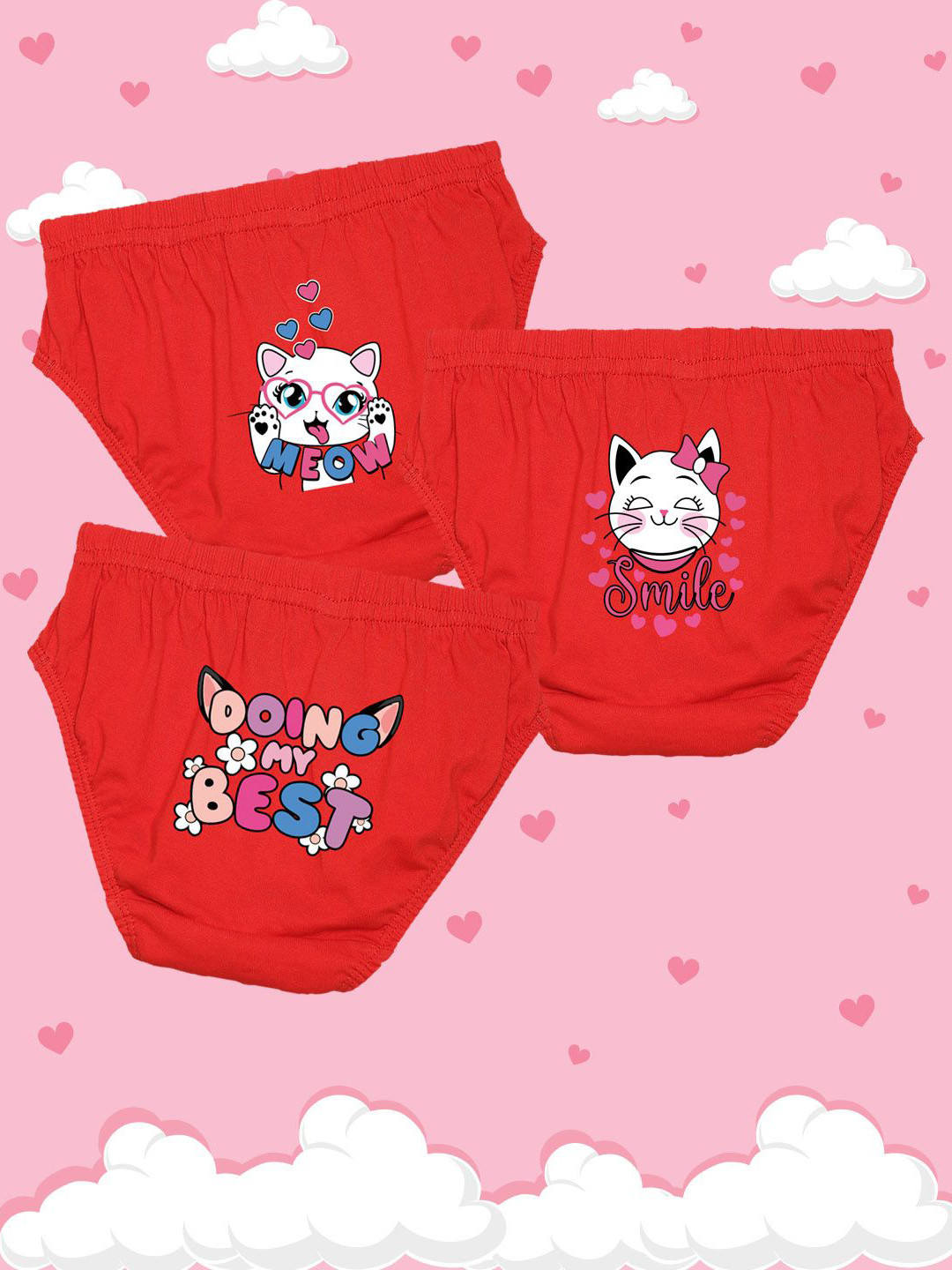 NUSYL Girls Pack Of 3 Meow Cat Printed Pure Cotton Basic BriefsNUGCBRFPO3.0026