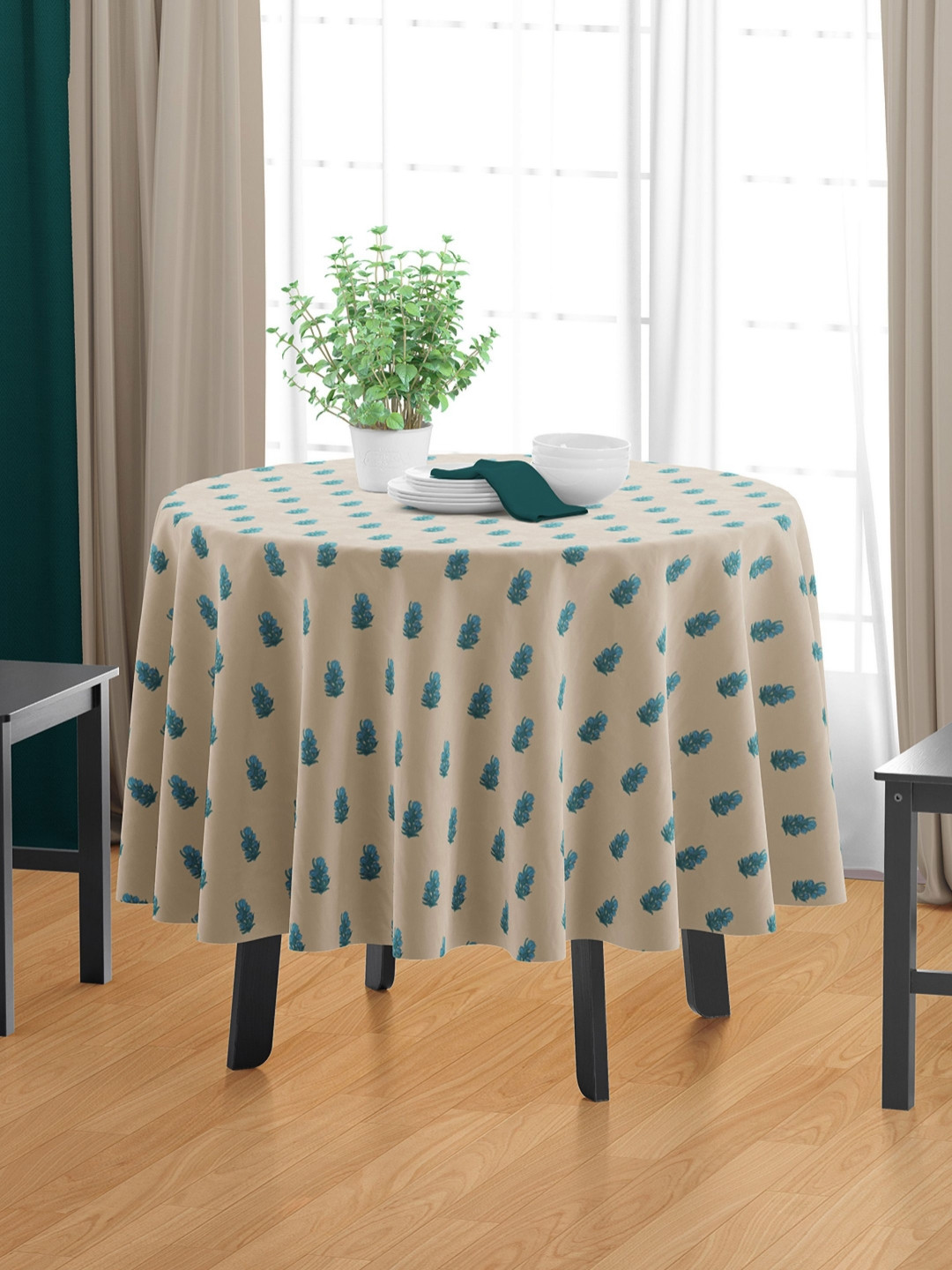 HOME COLORS.IN Blue Floral Printed Cotton 4 Seater Round Table Cover