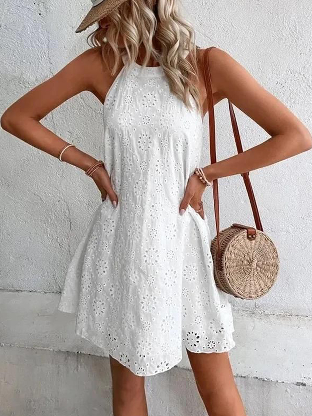 Miss Mosa By Akanksha  Halter Neck White Elode Cotton Eyelet Summer A-Line  Dress