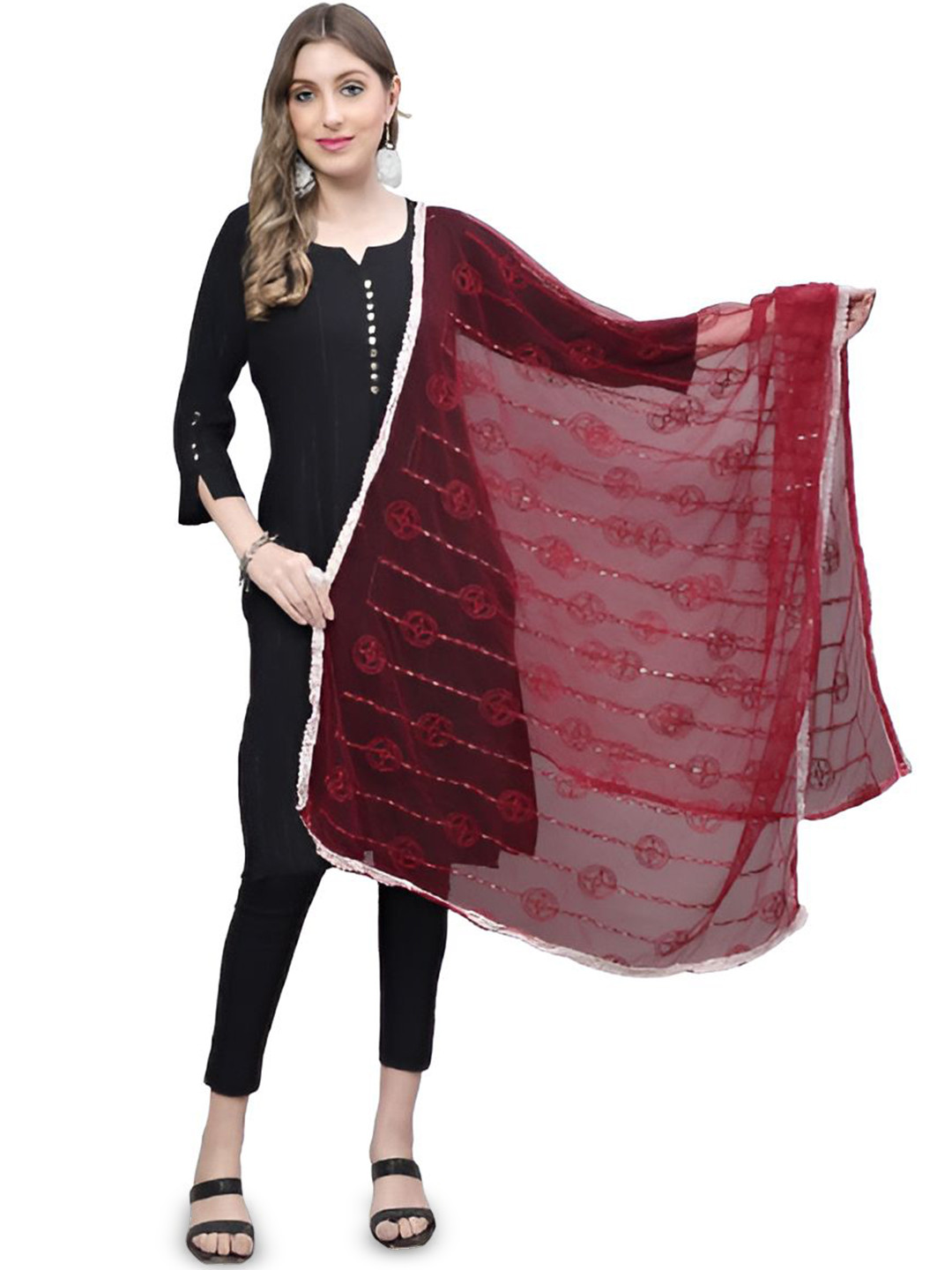 LOOM LEGACY Geometric Embroidered Thread Work Net Dupatta