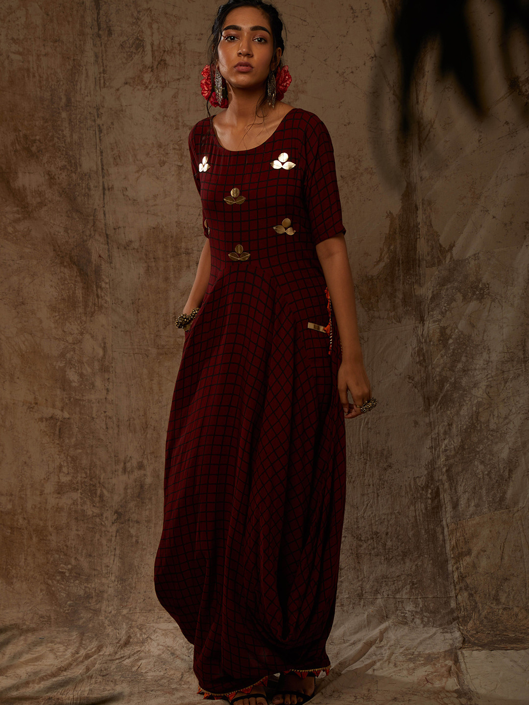 Aapro Women Block Printed Checks Double Cowl Dress