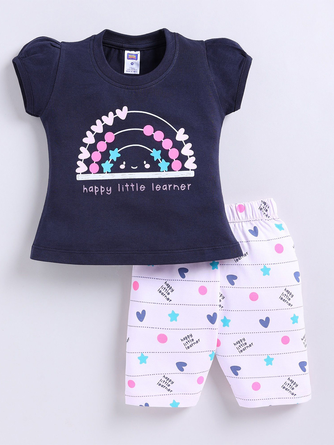 Nottie Planet Girls Happy Little Printed Round Neck Pure Cotton T-shirt With Shorts