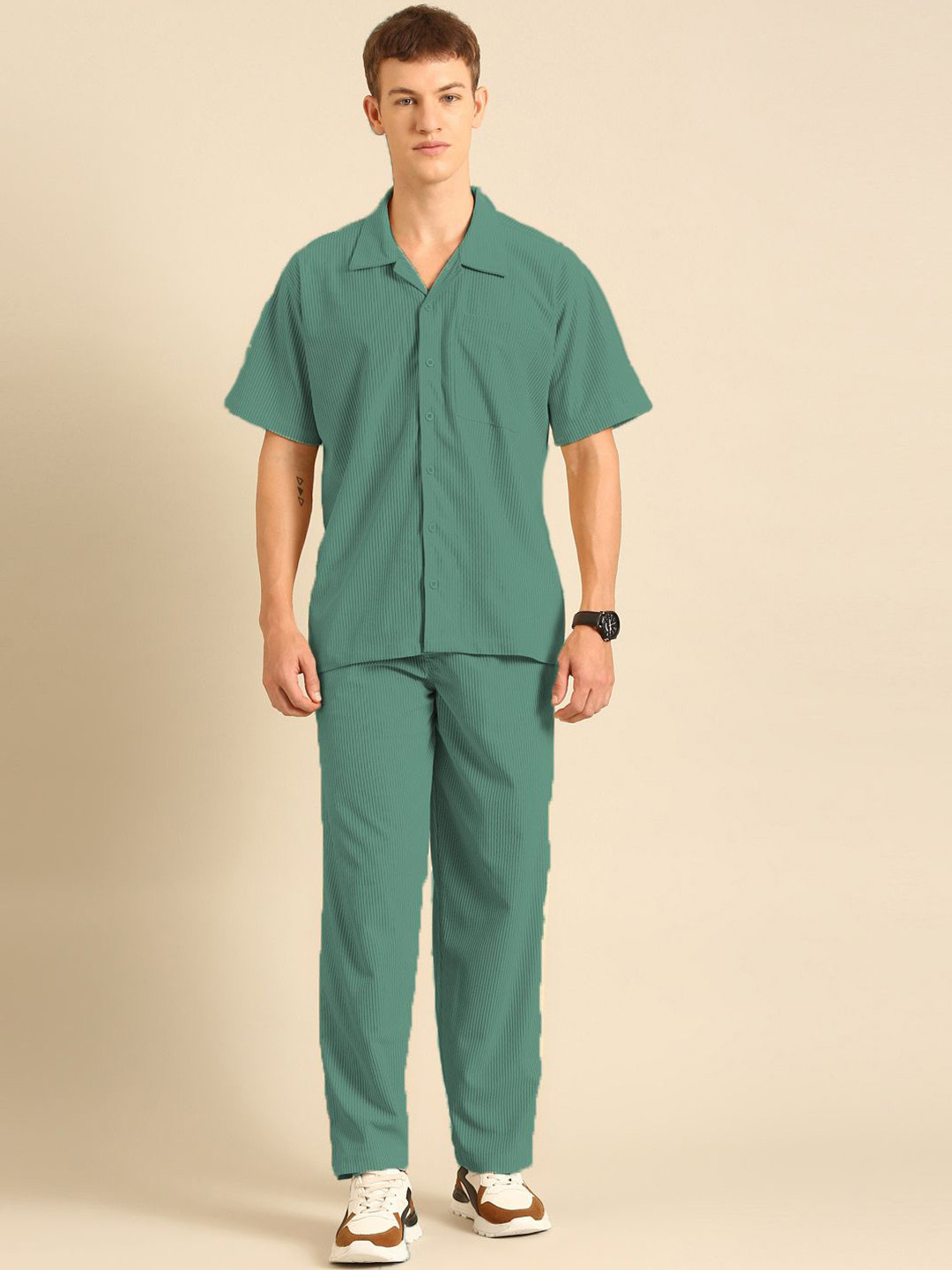 Joven Self Design Corduroy Short Sleeves Shirt With Trousers