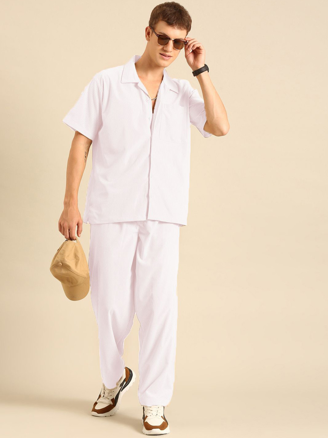 Joven Self Design Corduroy Short Sleeves Shirt With Trousers