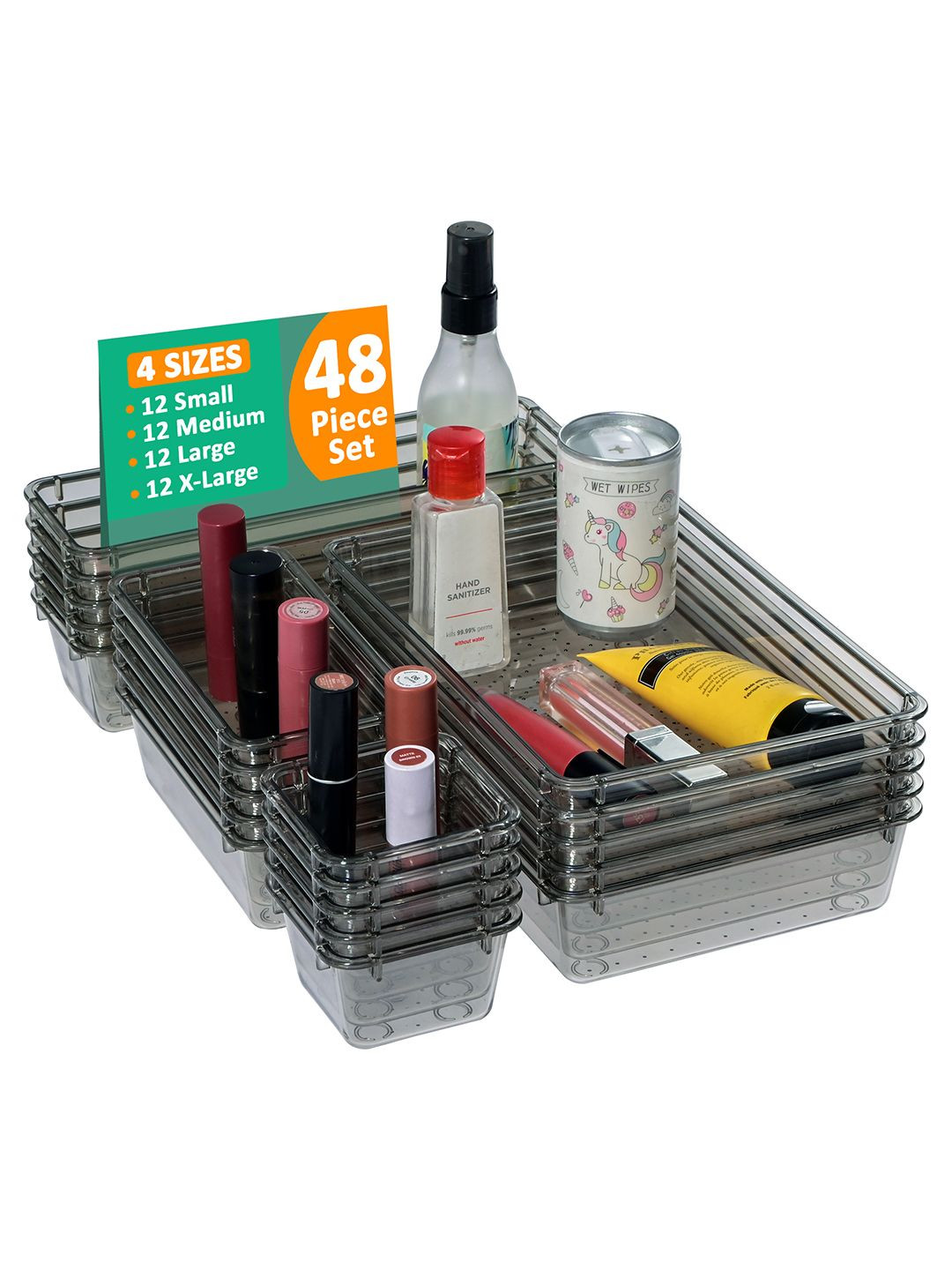 Kuber Industries 48 Pcs Black Transparent Cosmetic Vanity Makeup Drawer Organiser