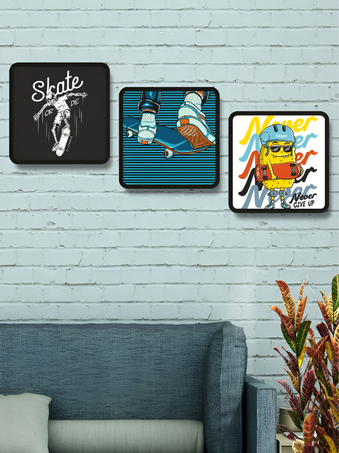 Myntra Elegant Homes Black & Yellow 3 Pieces Skate Board Wood Wall Art