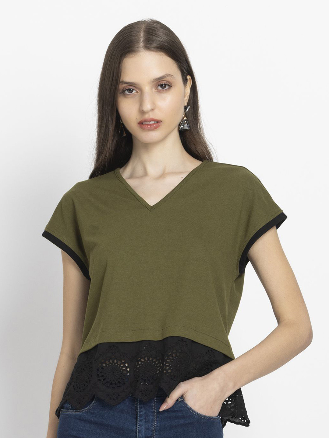 SHAYE Olive Green V-Neck Embroidered Short Sleeves Casual Tops For Women